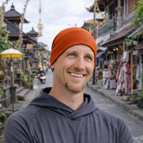 man wearing eclipse beanie in bali