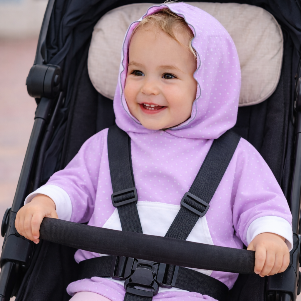 1 year old child in eclipse poncho in pink polka in stroller
