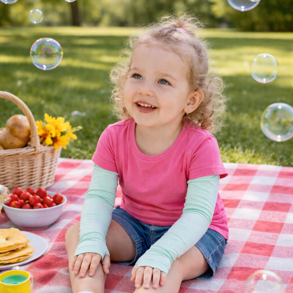 child sitting on picnic blanket wearing elcipse sun sleeves for children
