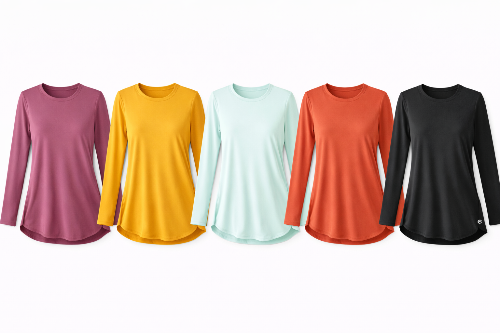 Five long-sleeve eclipse tunic shirts in different colors on a white background